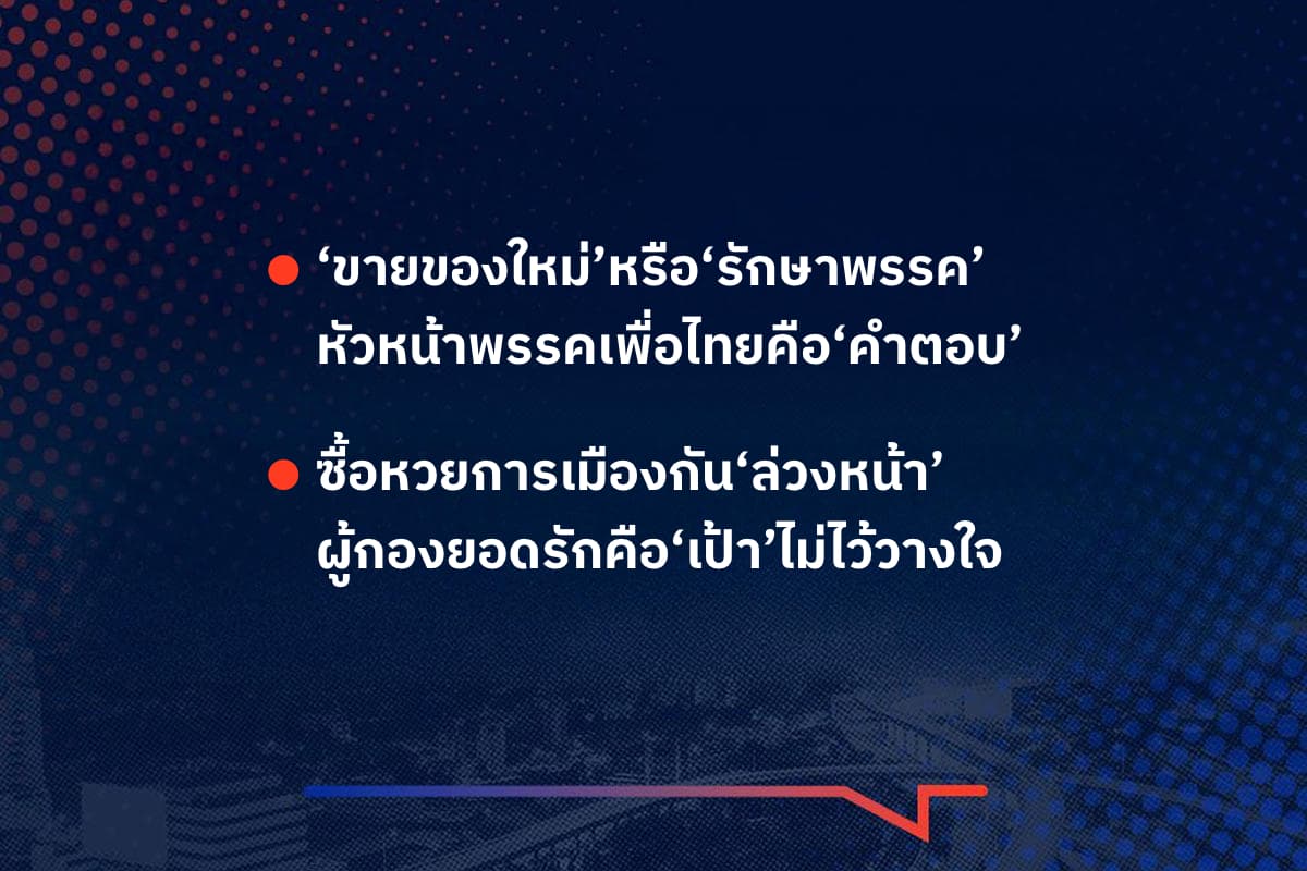 เรื่องมันมีอยู่ว่า ‘ขายของใหม่’หรือ‘รักษาพรรค’ หัวหน้าพรรคเพื่อไทยคือ‘คำตอบ’ , ซื้อหวยการเมืองกัน‘ล่วงหน้า’ ผู้กองยอดรักคือ‘เป้า’ไม่ไว้วางใจ