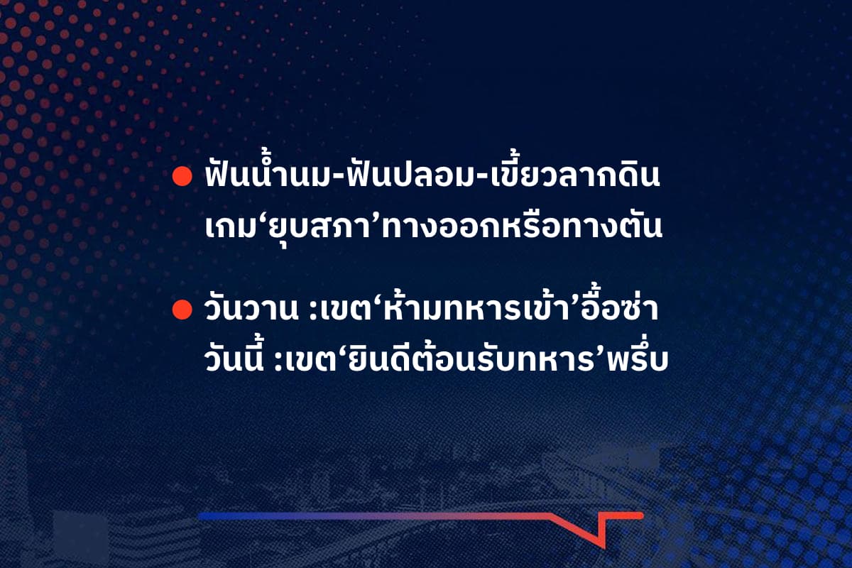 เรื่องมันมีอยู่ว่า ฟันน้ำนม-ฟันปลอม-เขี้ยวลากดิน เกม‘ยุบสภา’ทางออกหรือทางตัน วันวาน :เขต‘ห้ามทหารเข้า’อื้อซ่า วันนี้ :เขต‘ยินดีต้อนรับทหาร’พรึ่บ