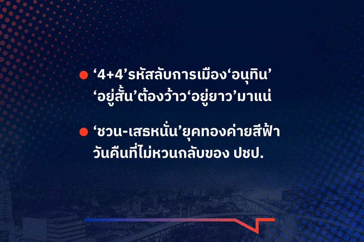 เรื่องมันมีอยู่ว่า ‘4+4’รหัสลับการเมือง‘อนุทิน’ ‘อยู่สั้น’ต้องว้าว‘อยู่ยาว’มาแน่ , ‘ชวน-เสธหนั่น’ยุคทองค่ายสีฟ้า วันคืนที่ไม่หวนกลับของ ปชป.