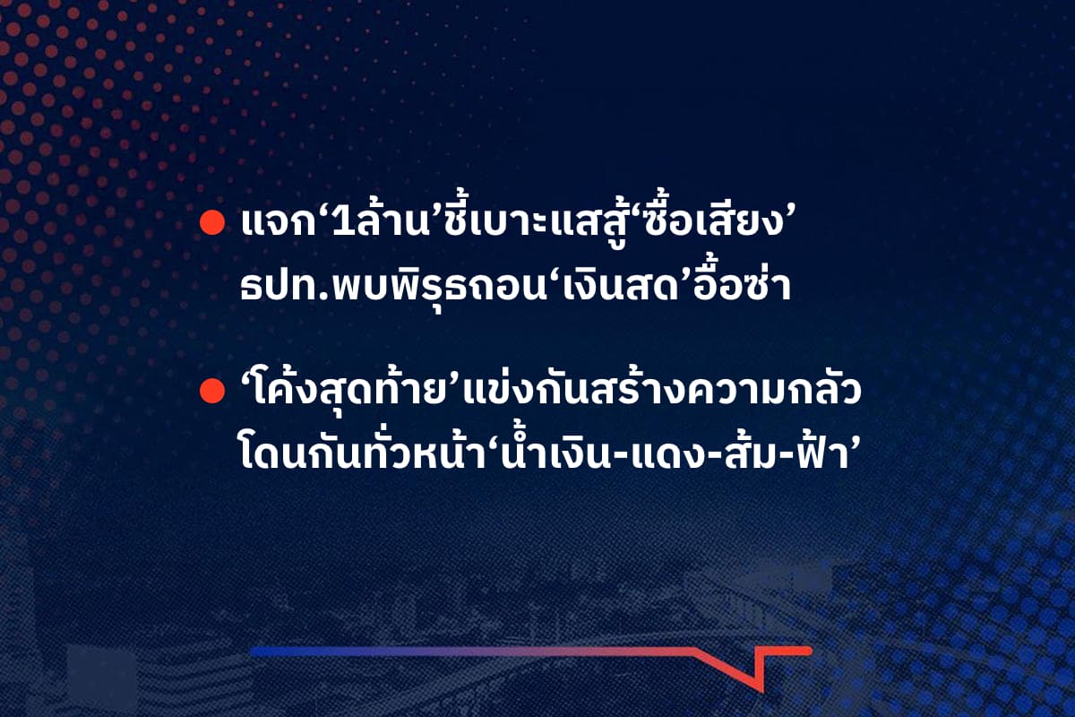 เรื่องมันมีอยู่ว่า แจก‘1ล้าน’ชี้เบาะแสสู้‘ซื้อเสียง’ ธปท.พบพิรุธถอน‘เงินสด’อื้อซ่า , ‘โค้งสุดท้าย’แข่งกันสร้างความกลัว โดนกันทั่วหน้า‘น้ำเงิน-แดง-ส้ม-ฟ้า’