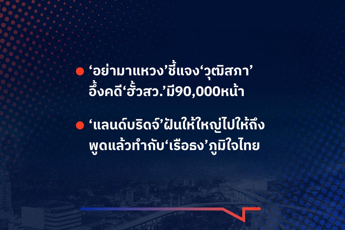 เรื่องมันมีอยู่ว่า ‘อย่ามาแหวง’ชี้แจง‘วุฒิสภา’ อึ้งคดี‘ฮั้วสว.’มี90,000หน้า ‘แลนด์บริดจ์’ฝันให้ใหญ่ไปให้ถึง พูดแล้วทำกับ‘เรือธง’ภูมิใจไทย