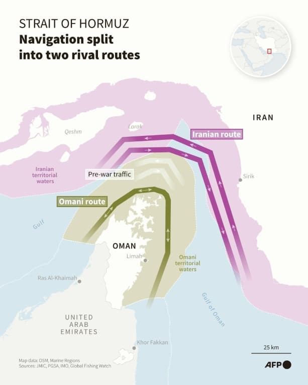 Infographic with a map of the Strait of Hormuz showing the shipping lane coordinated by Oman and the lane designated by Iran, as Tehran and Muscat discuss an agreement on transit arrangements along this strategic route