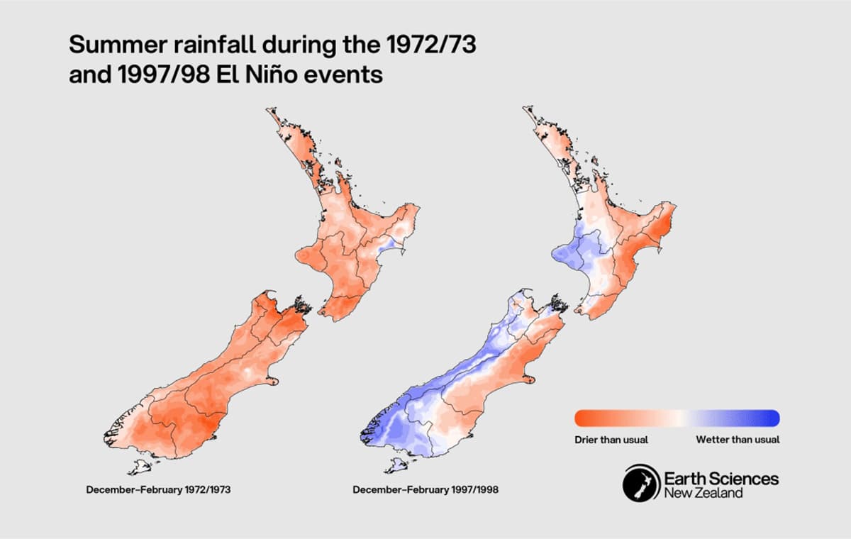 Summer rainfall patterns in New Zealand during two previous strong El Niño events Supplied / ESNZ