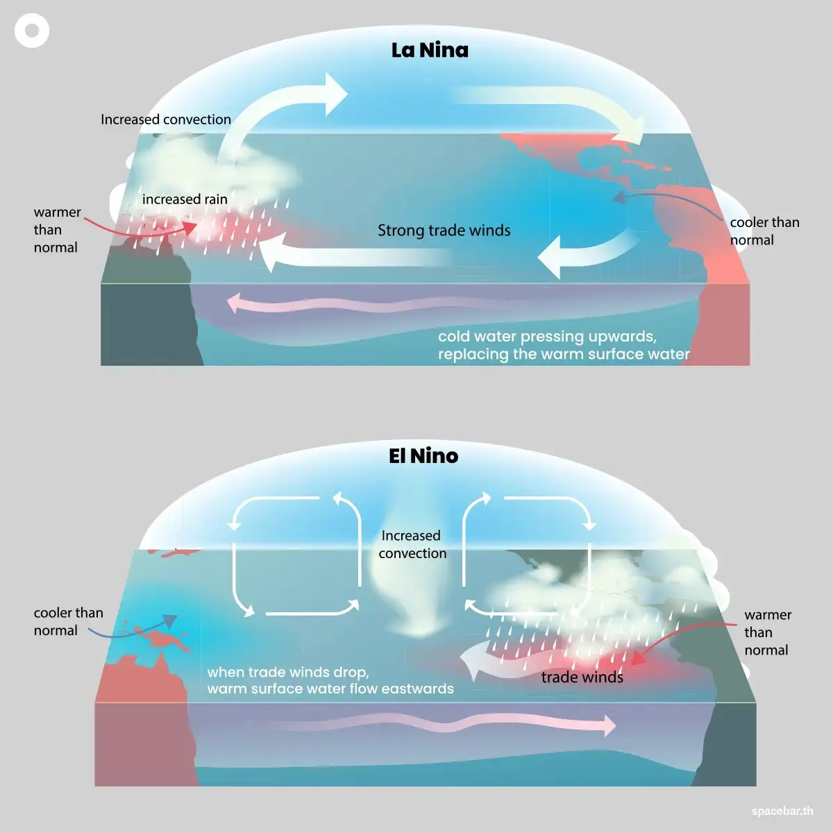 ภาพอธิบายปรากฏการณ์ ENSO (El Niño-Southern Oscillation) หรือปรากฏการณ์ความผันแปรของระบบอากาศในมหาสมุทรแปซิฟิกเขตศูนย์สูตร