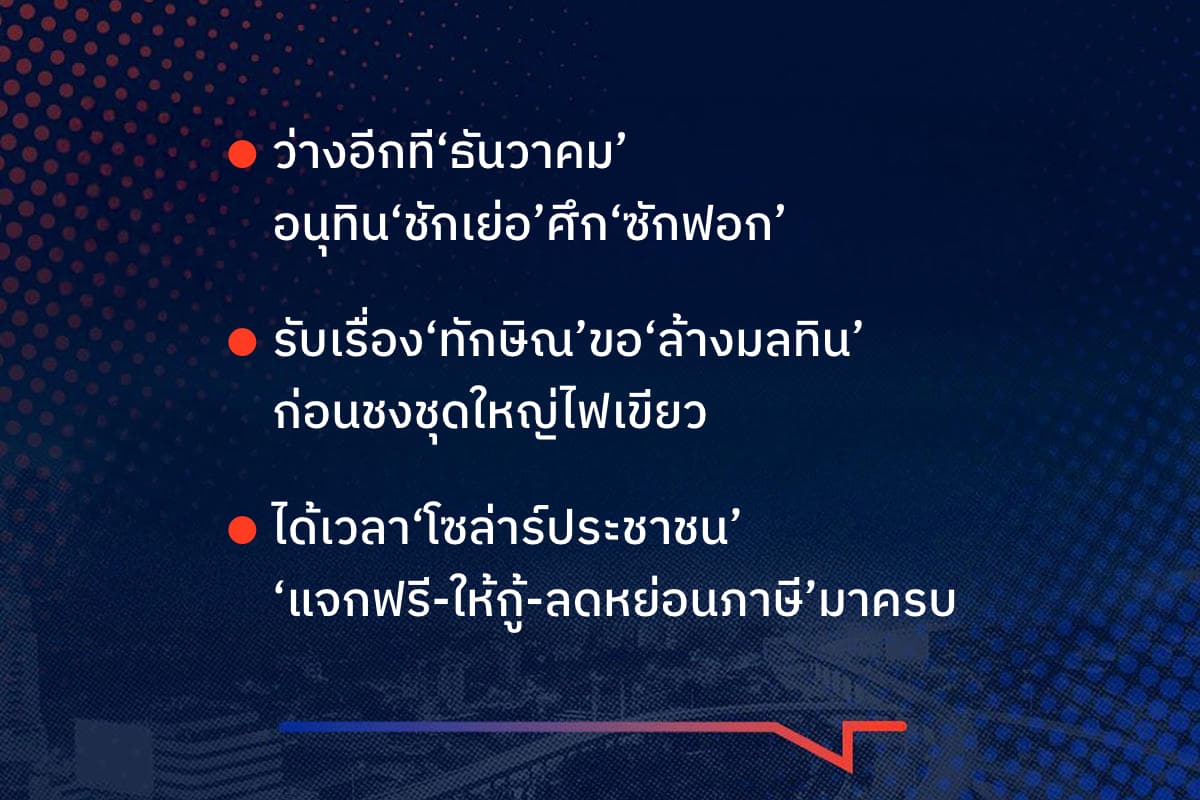 เรื่องมันมีอยู่ว่า ว่างอีกที‘ธันวาคม’ อนุทิน‘ชักเย่อ’ศึก‘ซักฟอก’ รับเรื่อง‘ทักษิณ’ขอ‘ล้างมลทิน’ ก่อนชงชุดใหญ่ไฟเขียว ได้เวลา‘โซล่าร์ประชาชน’ ‘แจกฟรี-ให้กู้-ลดหย่อนภาษี’มาครบ