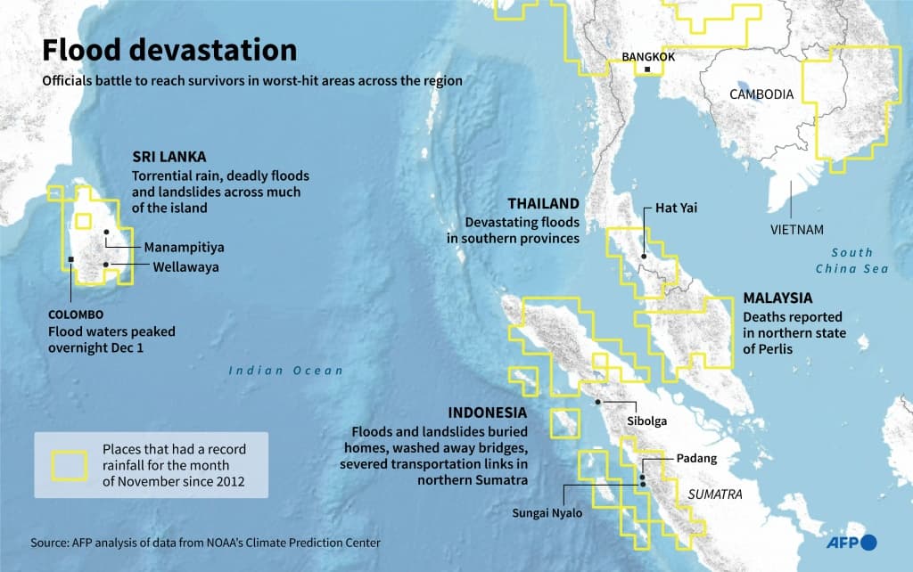 แผนที่อินโฟกราฟิกสรุปเหตุการณ์น้ำท่วมร้ายแรงใน 4 ประเทศในเอเชียในสัปดาห์สุดท้ายของเดือนพฤศจิกายน พร้อมข้อมูลแสดงพื้นที่ที่มีปริมาณน้ำฝนสูงสุดเป็นประวัติการณ์ในช่วงเดือนนั้น